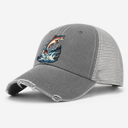Salmon Leap Arc Fishing Elegant Washed Trucker Hat – Grey