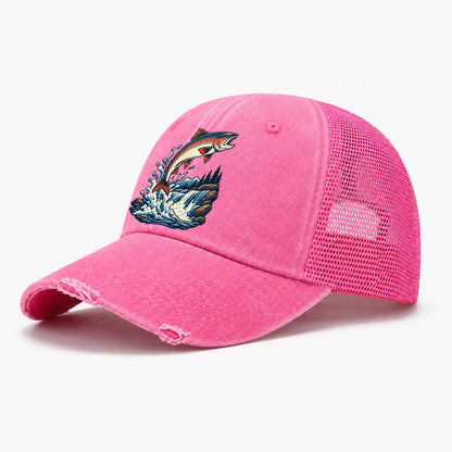 Salmon Leap Arc Fishing Elegant Washed Trucker Hat – Rose
