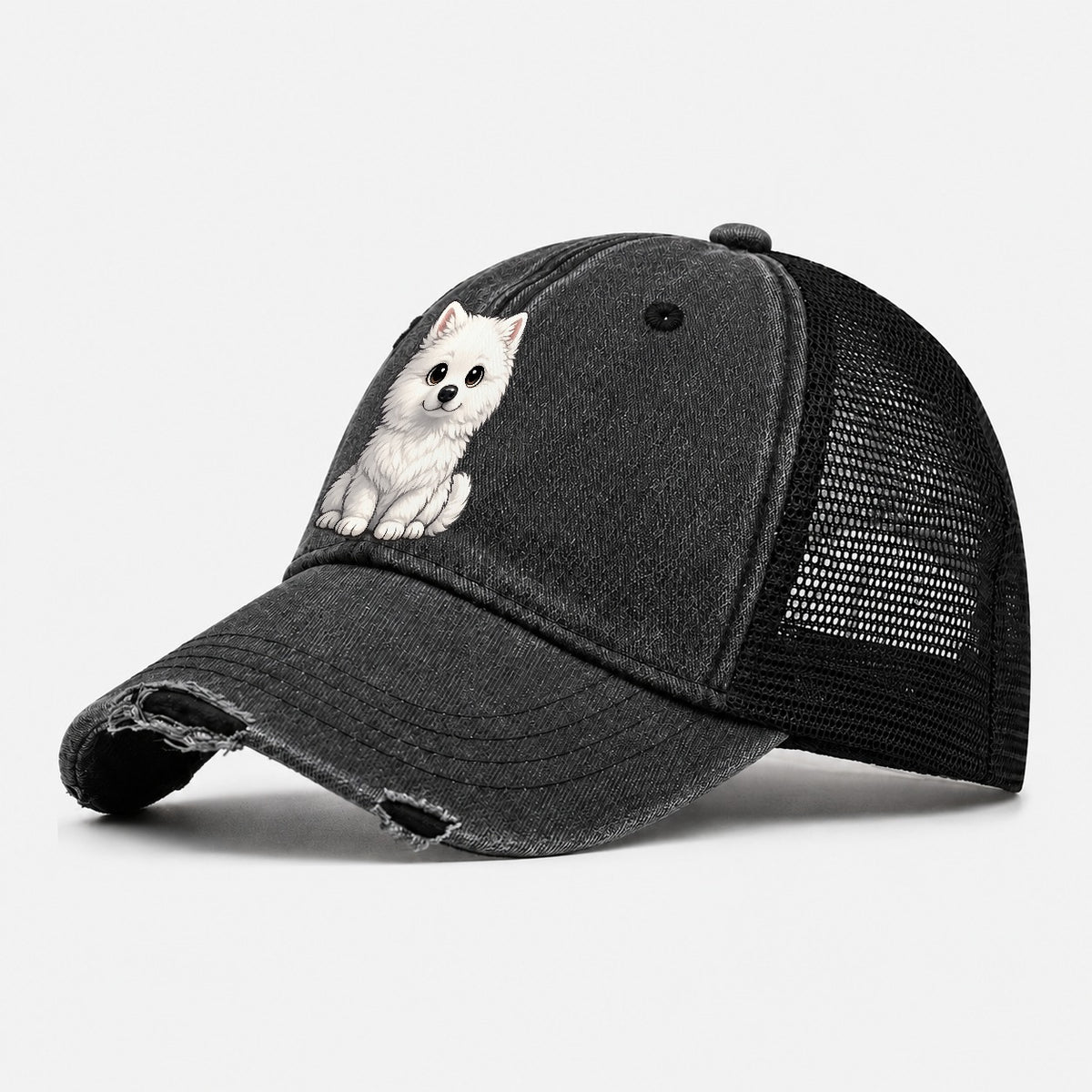 Samoyed Sitting Sweetheart Washed Trucker Hat – Black