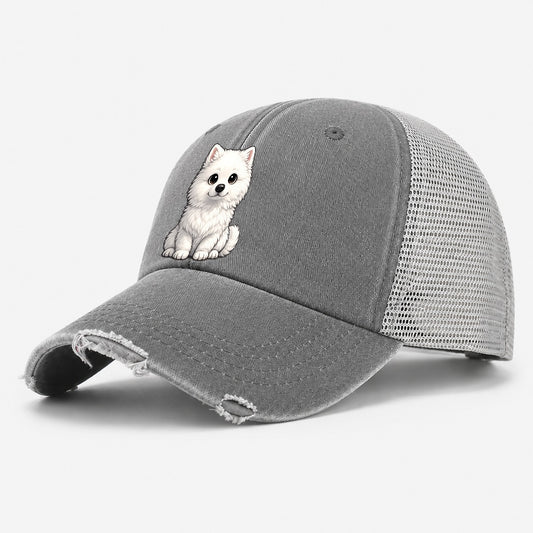 Samoyed Sitting Sweetheart Washed Trucker Hat – Grey