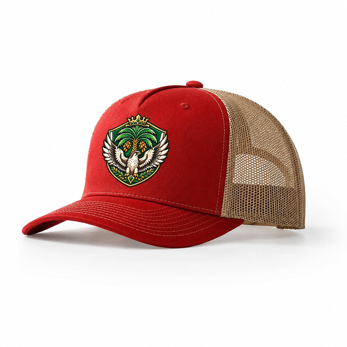 Saudi Arabia Heraldic Crest Country Logos Trucker Hat – Red Khaki