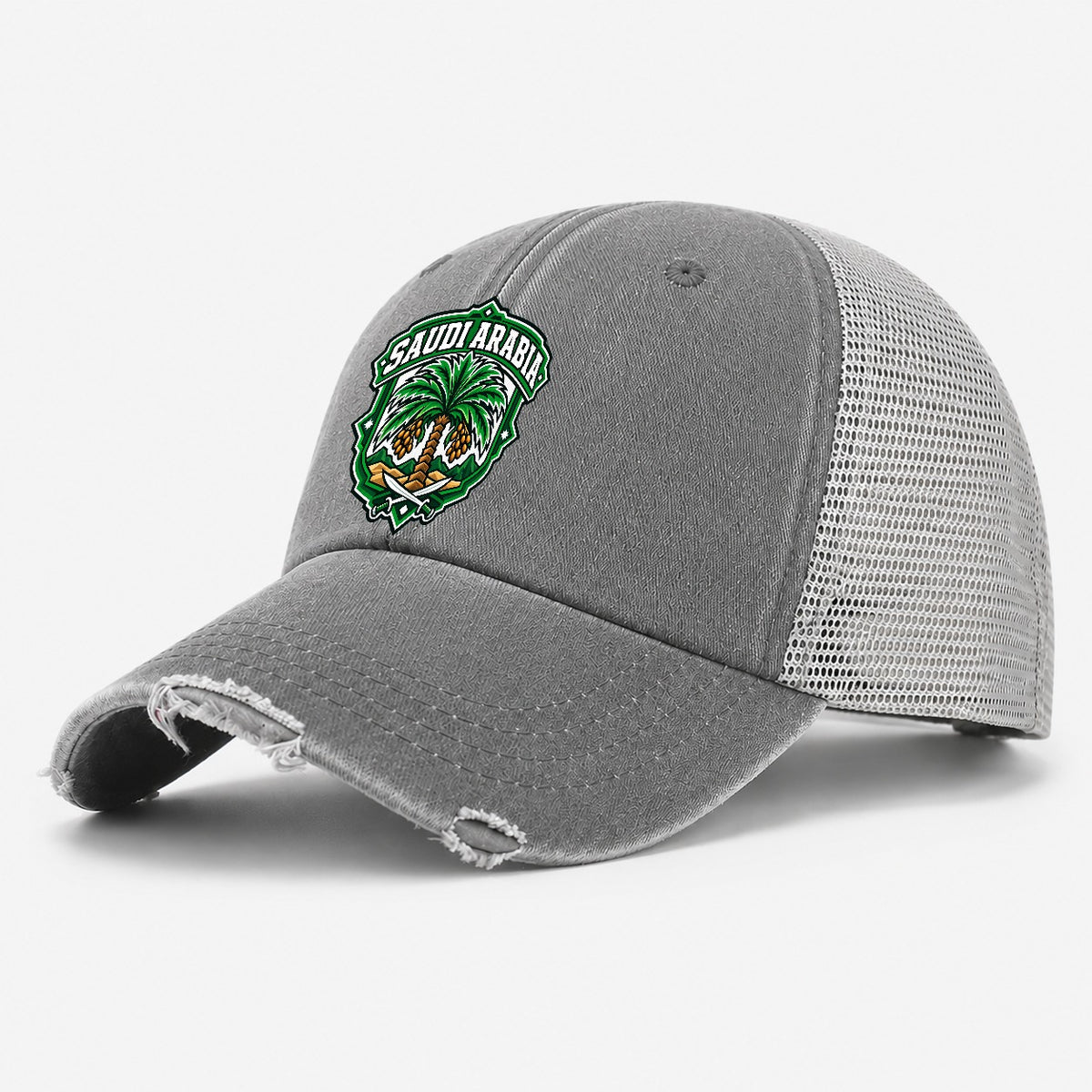 Saudi Arabia Retro Badge Country Logos Washed Trucker Hat – Grey