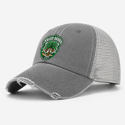 Saudi Arabia Retro Badge Country Logos Washed Trucker Hat – Grey