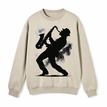 Saxophonist Playing Jazz In Smoky Room Fleece Sweatshirt – light-khaki