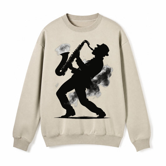 Saxophonist Playing Jazz In Smoky Room Fleece Sweatshirt – light-khaki