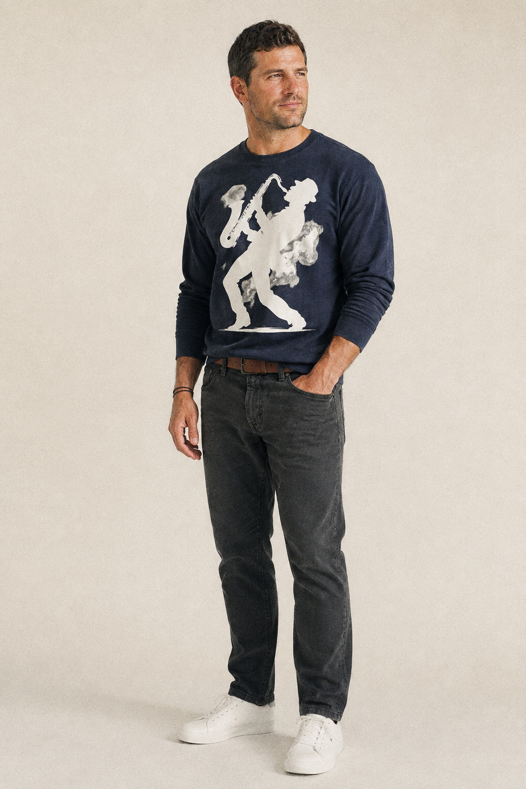 Saxophonist Playing Jazz In Smoky Room Fleece Sweatshirt – studio model photo