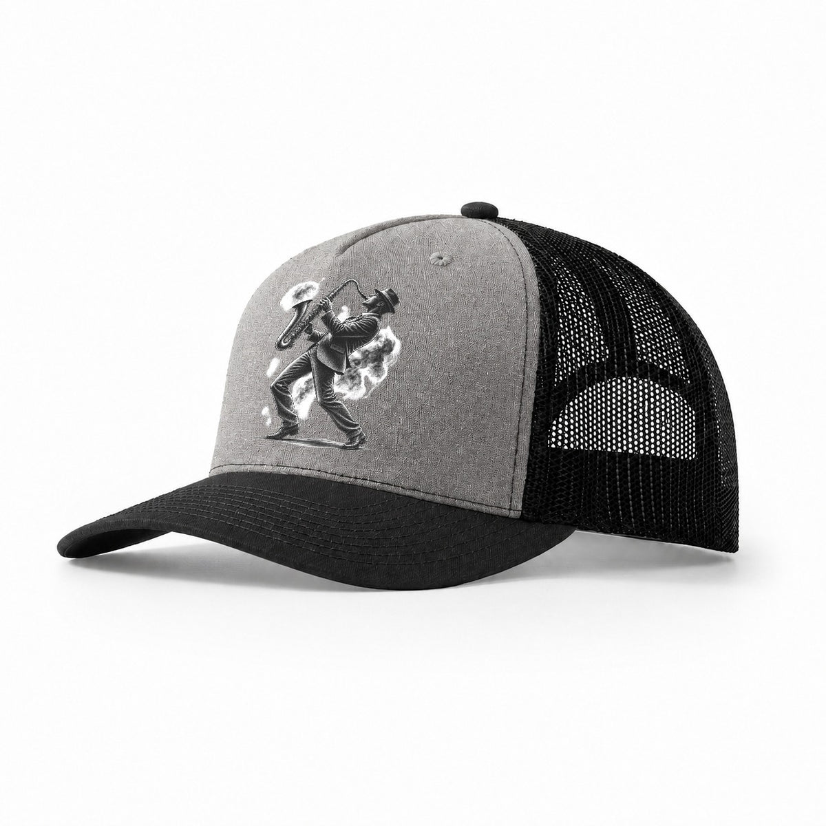 Saxophonist Playing Jazz In Smoky Room Trucker Hat – Grey-Black