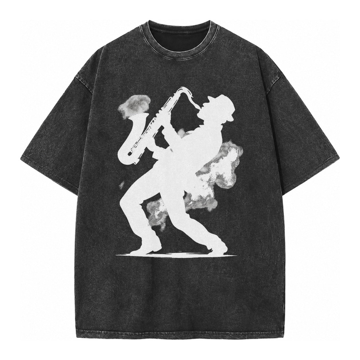 Saxophonist Playing Jazz In Smoky Room Vintage T-shirt – black