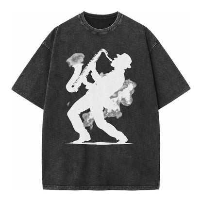 Saxophonist Playing Jazz In Smoky Room Vintage T-shirt – black