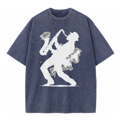 Saxophonist Playing Jazz In Smoky Room Vintage T-shirt – blue