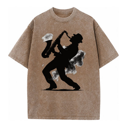 Saxophonist Playing Jazz In Smoky Room Vintage T-shirt – brown
