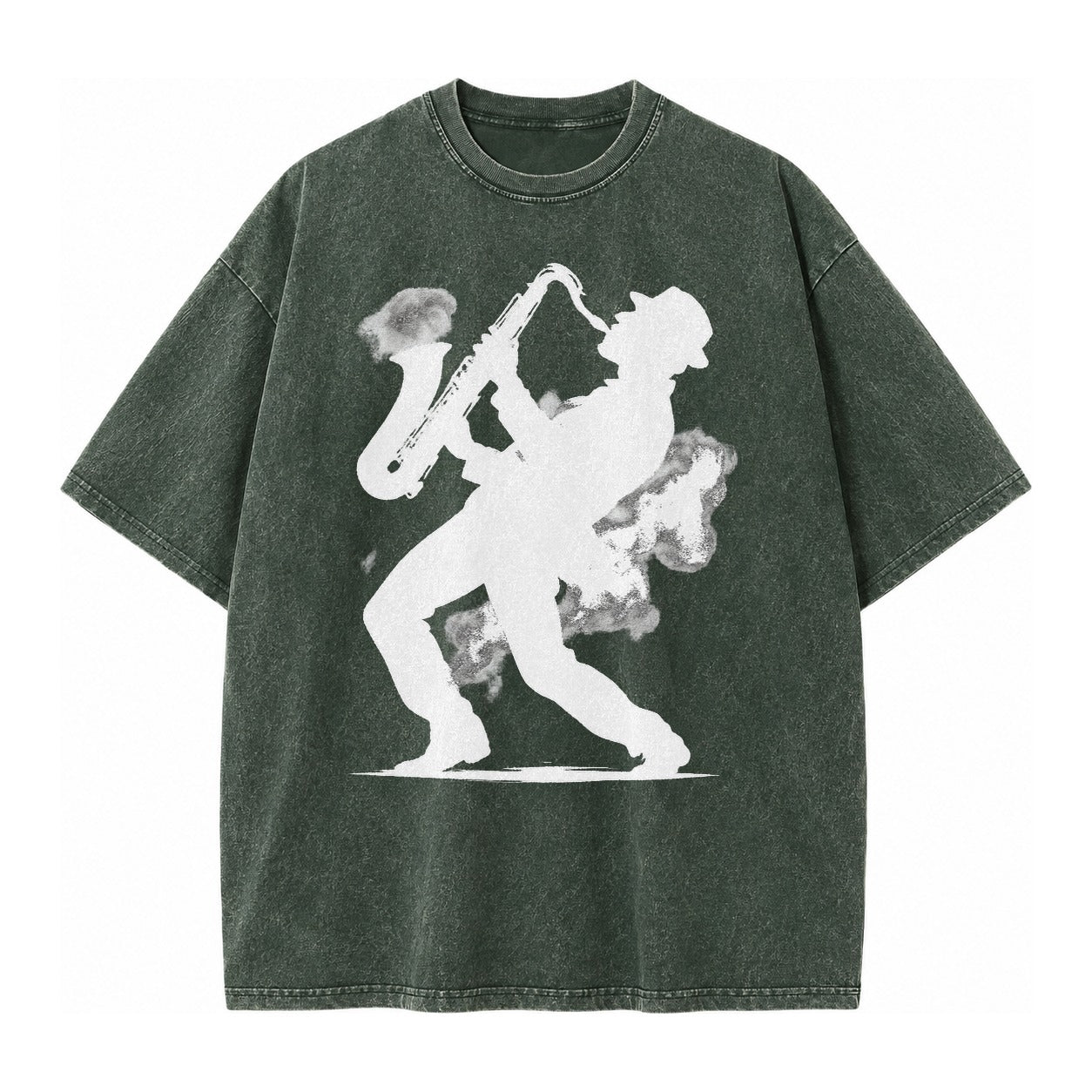 Saxophonist Playing Jazz In Smoky Room Vintage T-shirt – forest-mist