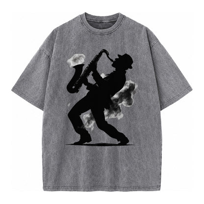 Saxophonist Playing Jazz In Smoky Room Vintage T-shirt – grey