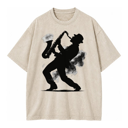 Saxophonist Playing Jazz In Smoky Room Vintage T-shirt – off-white