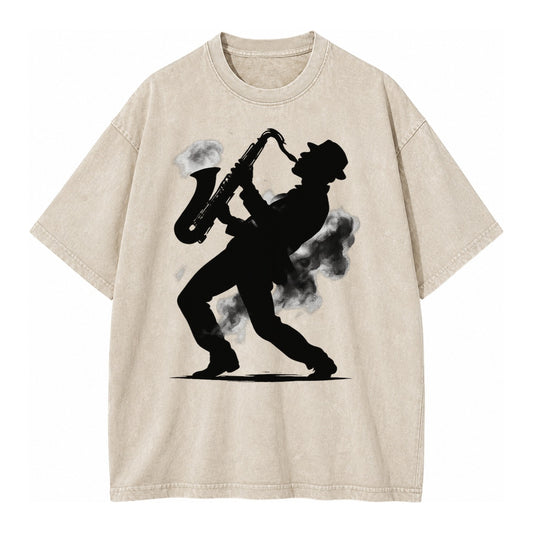 Saxophonist Playing Jazz In Smoky Room Vintage T-shirt – off-white