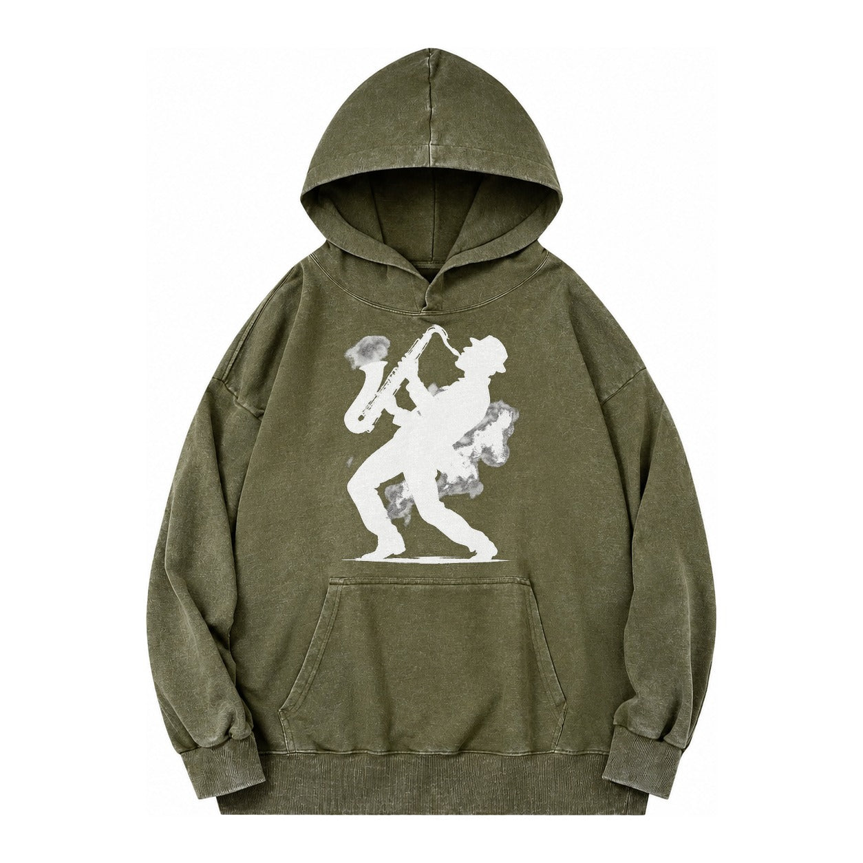 Saxophonist Playing Jazz In Smoky Room Vintage Washed Hoodie – army-green