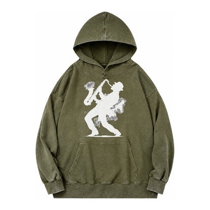 Saxophonist Playing Jazz In Smoky Room Vintage Washed Hoodie – army-green