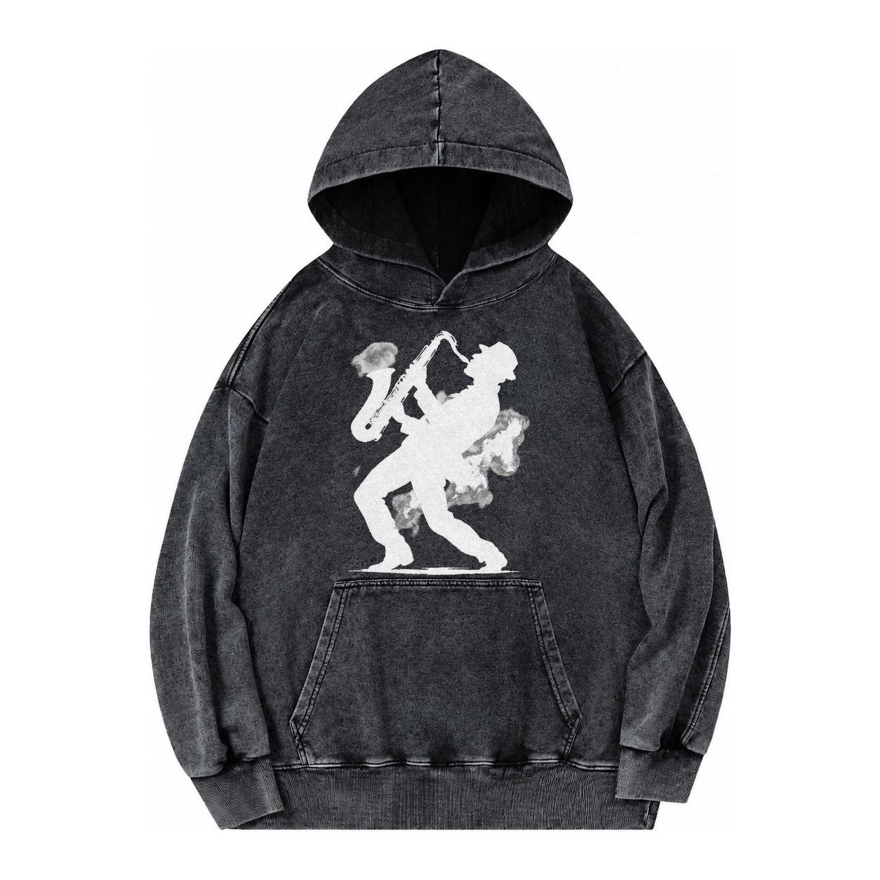 Saxophonist Playing Jazz In Smoky Room Vintage Washed Hoodie – black