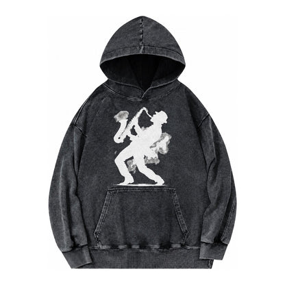 Saxophonist Playing Jazz In Smoky Room Vintage Washed Hoodie – black