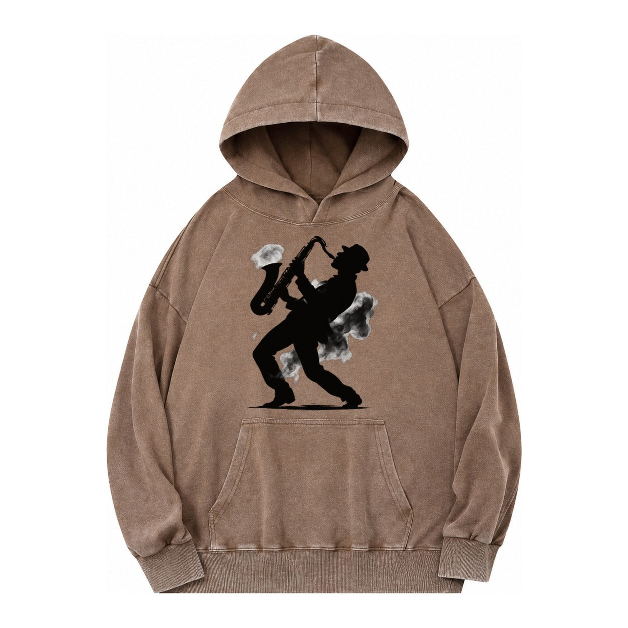 Saxophonist Playing Jazz In Smoky Room Vintage Washed Hoodie – brown