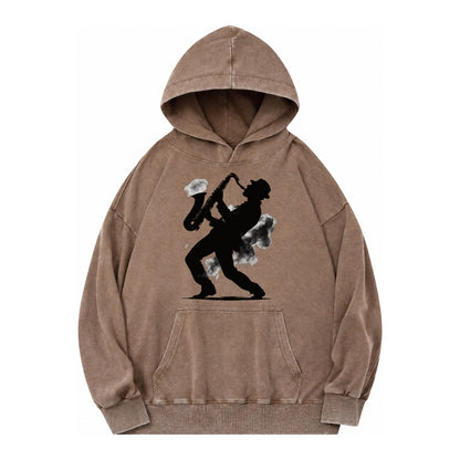 Saxophonist Playing Jazz In Smoky Room Vintage Washed Hoodie – brown