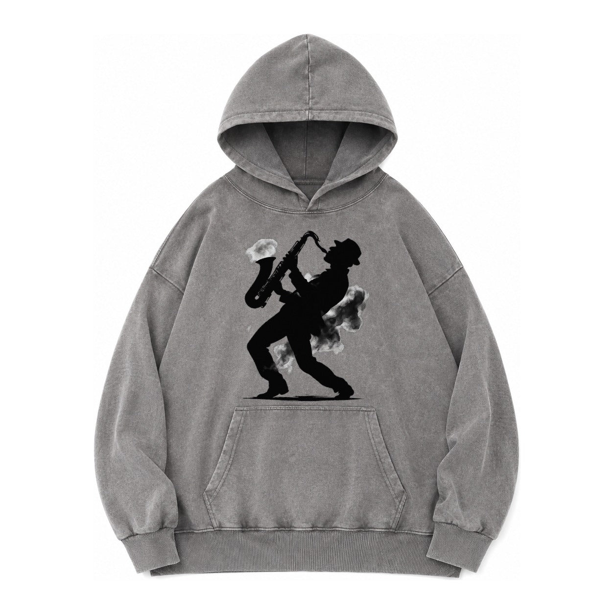 Saxophonist Playing Jazz In Smoky Room Vintage Washed Hoodie – grey