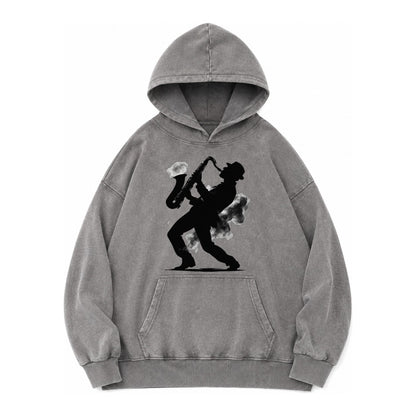 Saxophonist Playing Jazz In Smoky Room Vintage Washed Hoodie – grey