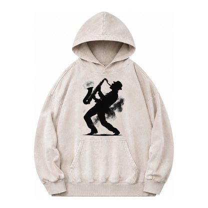 Saxophonist Playing Jazz In Smoky Room Vintage Washed Hoodie – off-white