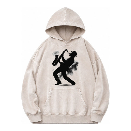 Saxophonist Playing Jazz In Smoky Room Vintage Washed Hoodie – off-white