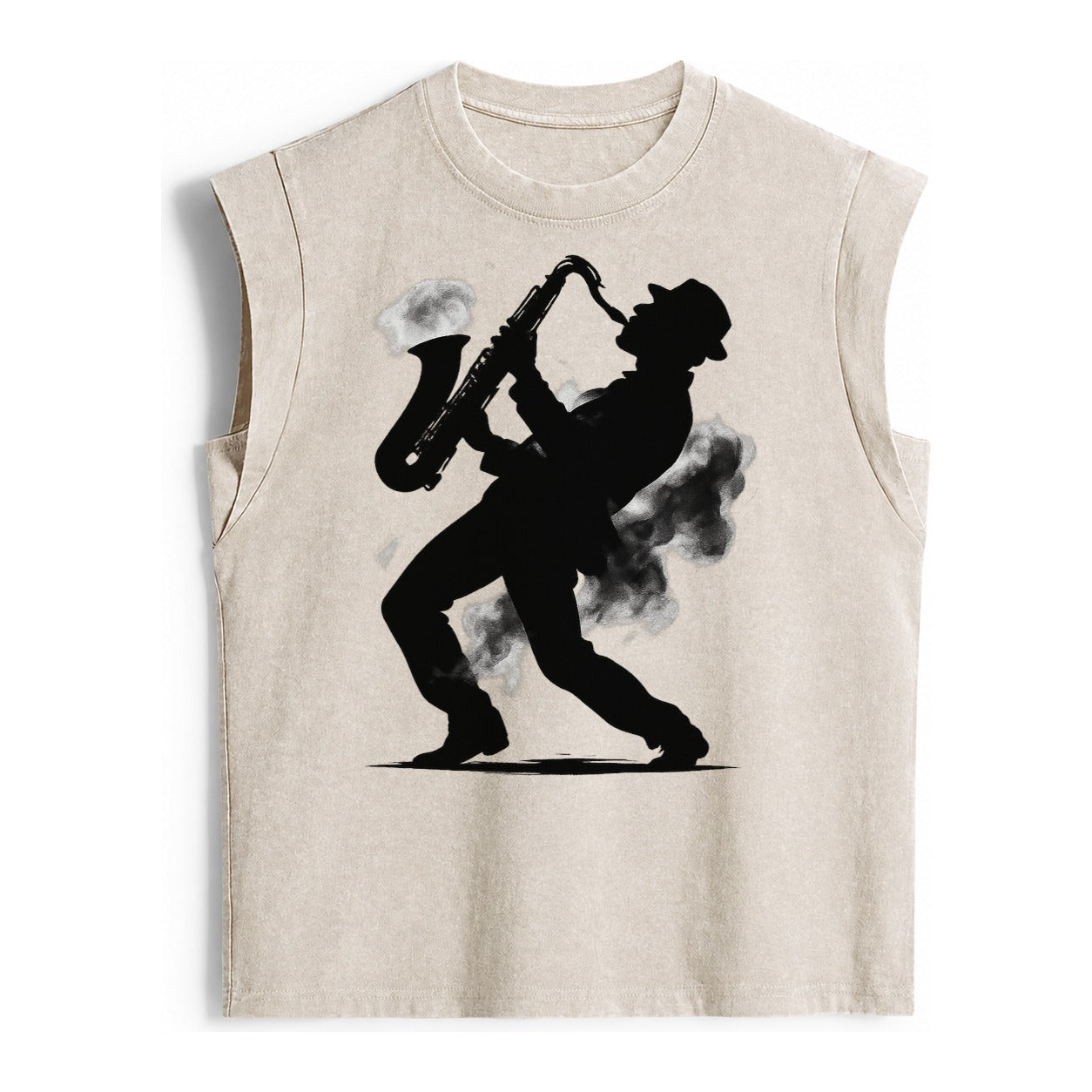 Saxophonist Playing Jazz In Smoky Room Vintage Washed Tank – beige