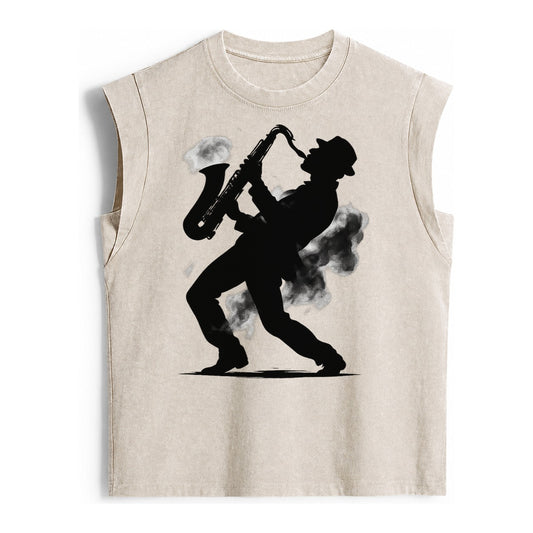 Saxophonist Playing Jazz In Smoky Room Vintage Washed Tank – beige