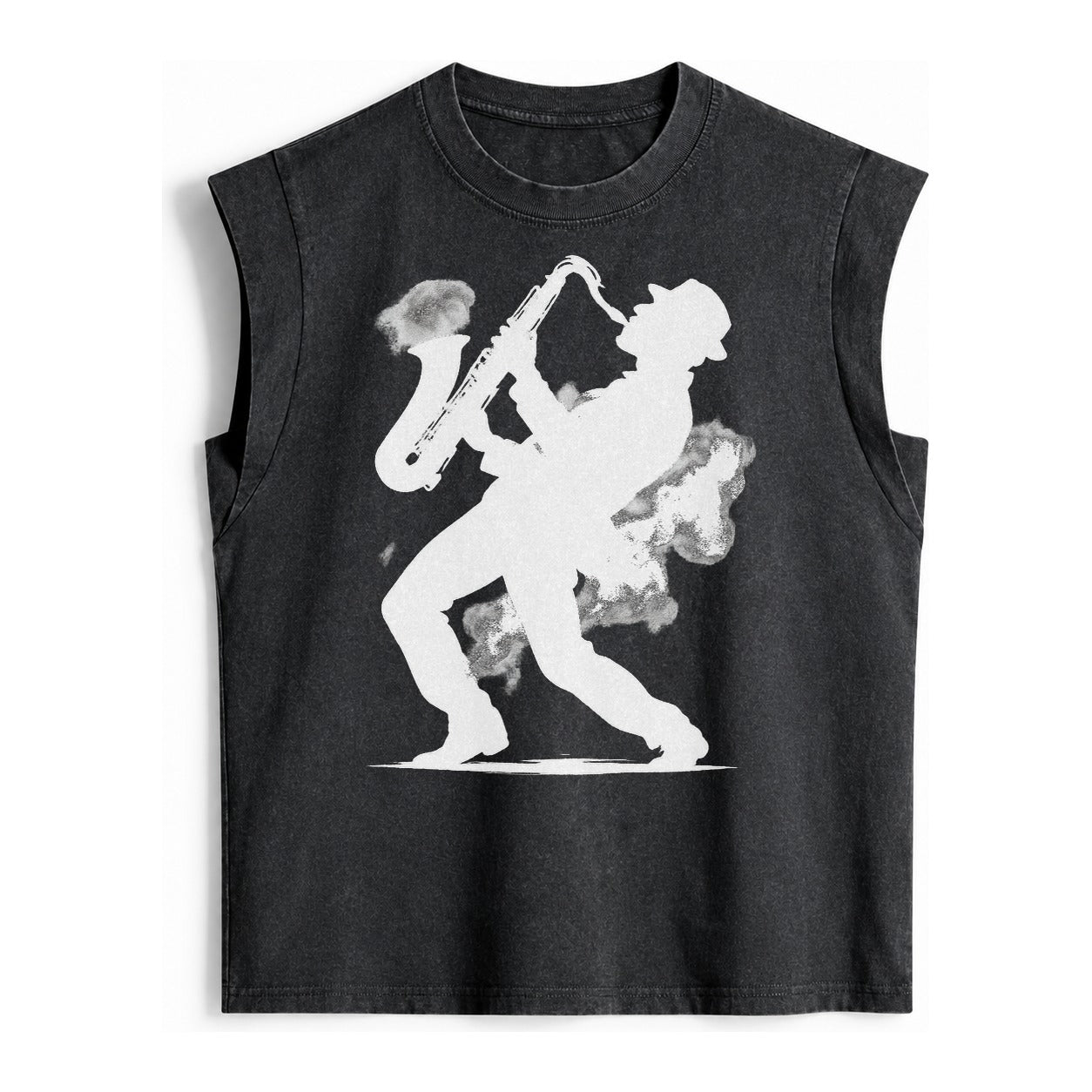 Saxophonist Playing Jazz In Smoky Room Vintage Washed Tank – black