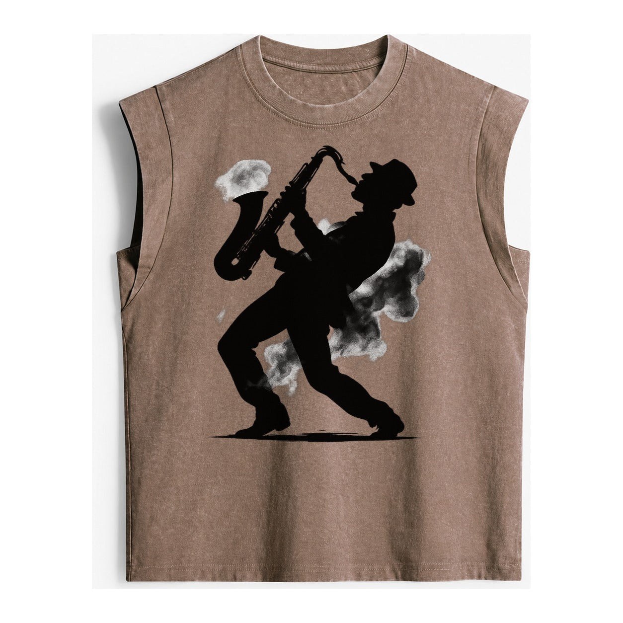 Saxophonist Playing Jazz In Smoky Room Vintage Washed Tank – brown