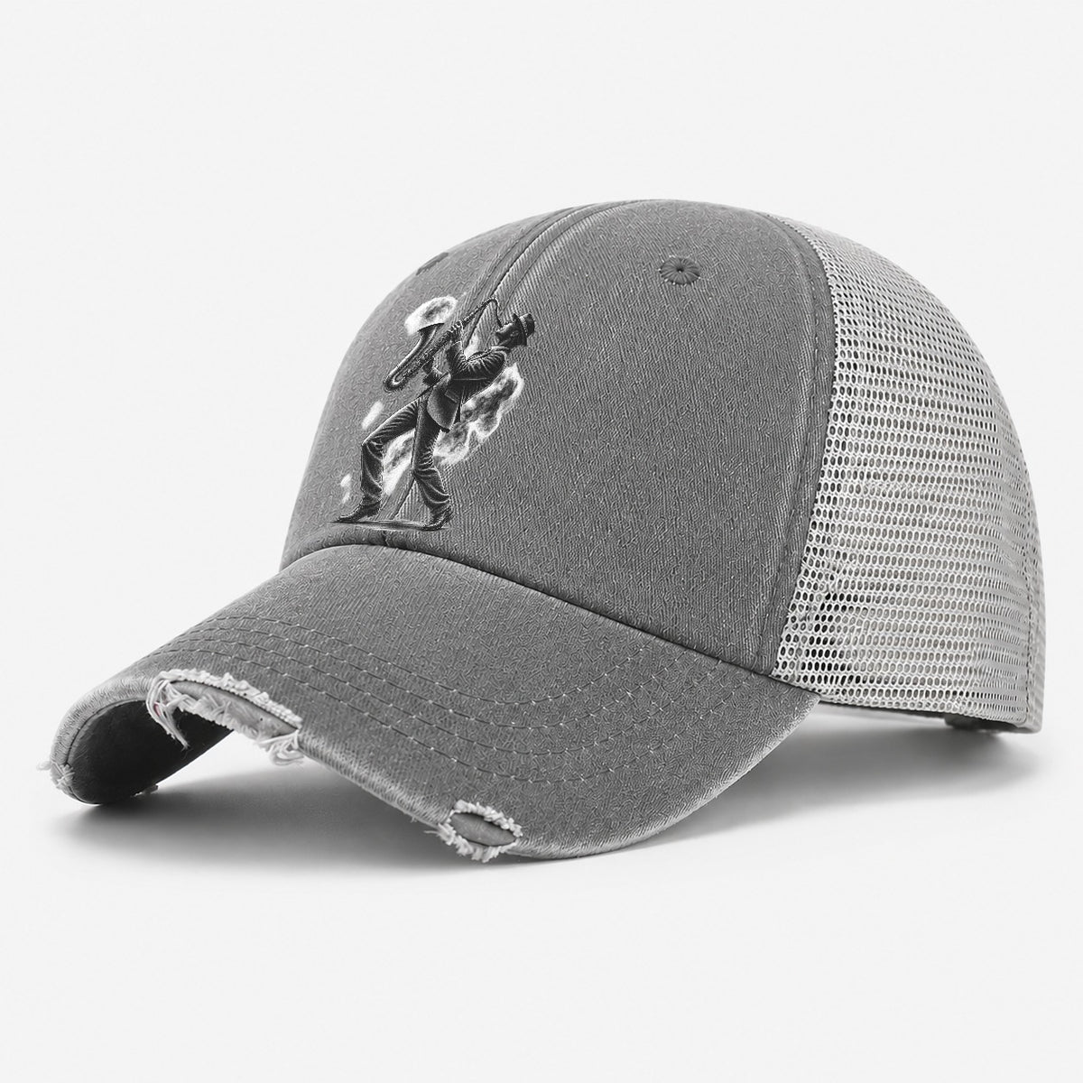 Saxophonist Playing Jazz In Smoky Room Washed Trucker Hat – Grey
