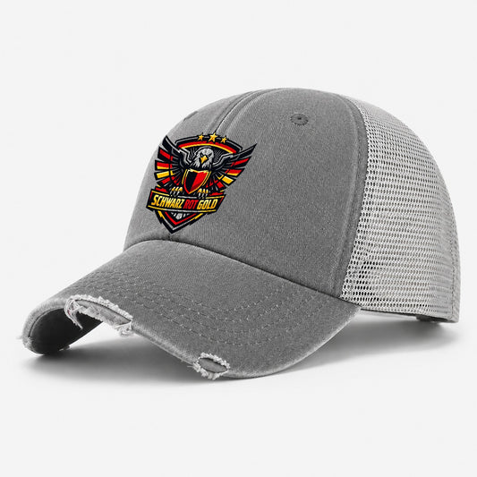 Schwarz Rot Gold Crest Washed Trucker Hat – Grey