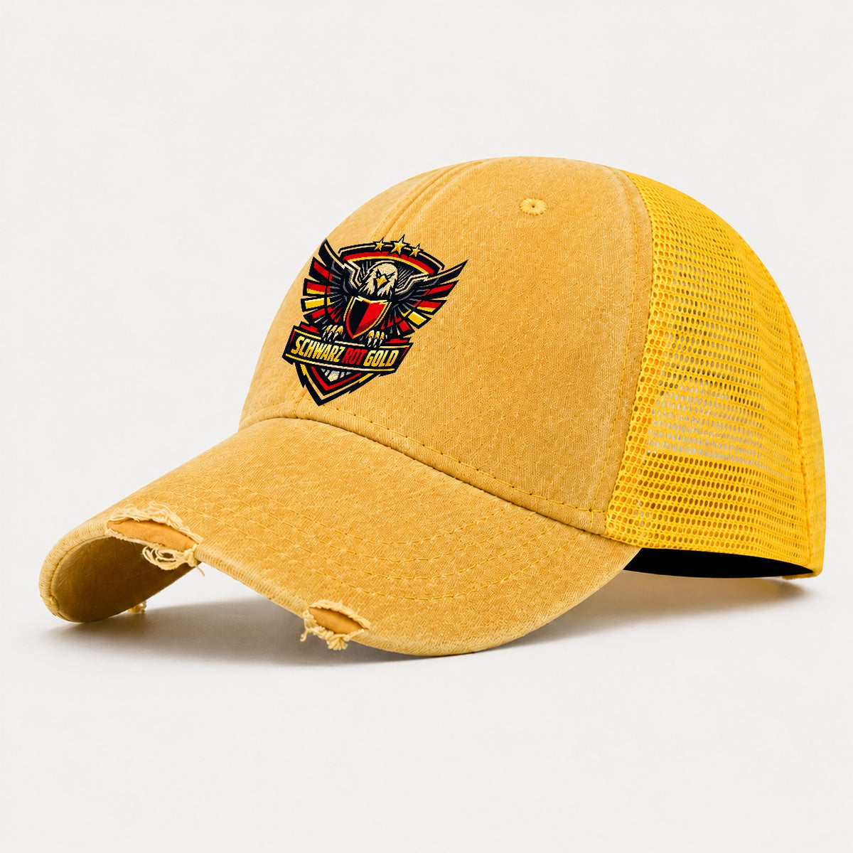 Schwarz Rot Gold Crest Washed Trucker Hat – Yellow