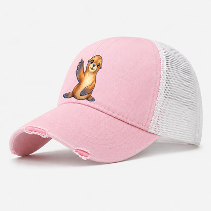 Sea Lion Front Flipper Wave Sea Sprite Washed Trucker Hat – Light Pink