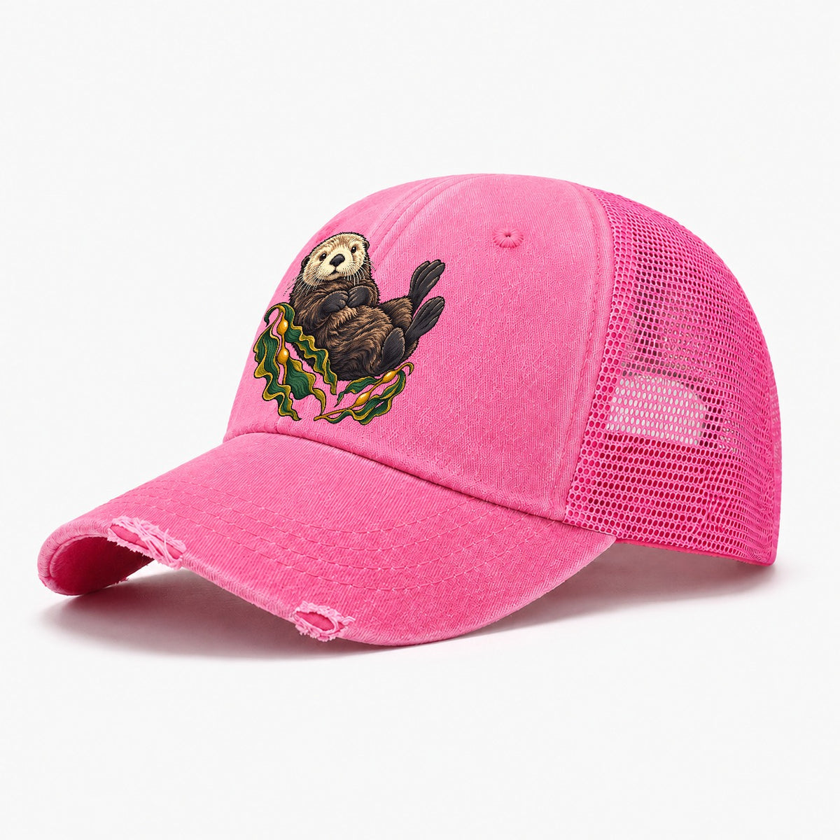 Sea Otter And Bull Kelp Canada Cultural Icons Washed Trucker Hat – Rose