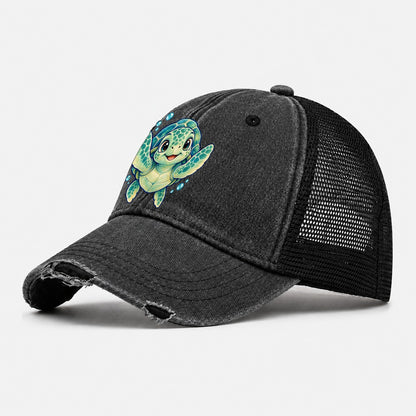 Sea Turtle Front Paddle Sea Sprite Washed Trucker Hat – Black