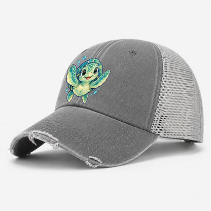 Sea Turtle Front Paddle Sea Sprite Washed Trucker Hat – Grey