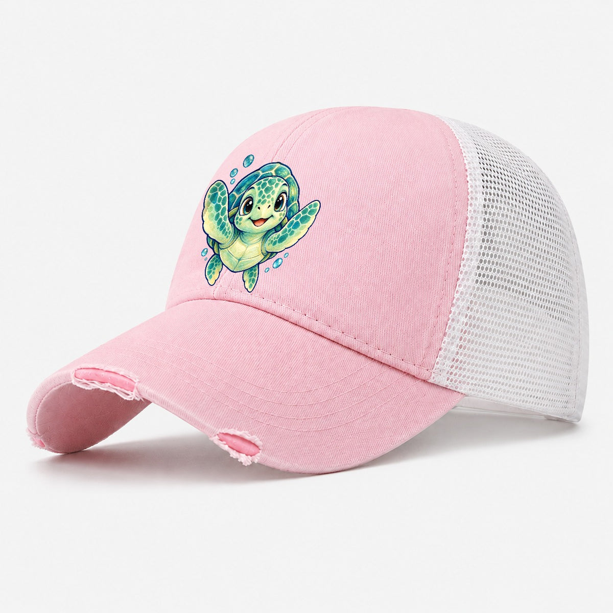 Sea Turtle Front Paddle Sea Sprite Washed Trucker Hat – Light Pink