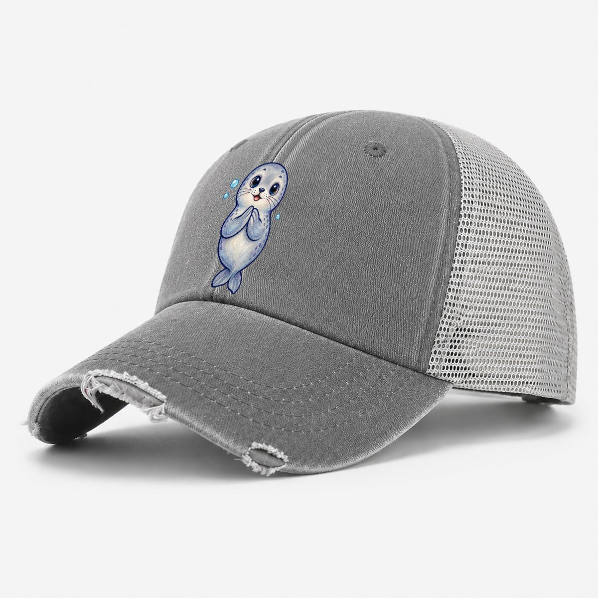 Seal Front Clap Sea Sprite Washed Trucker Hat – Grey