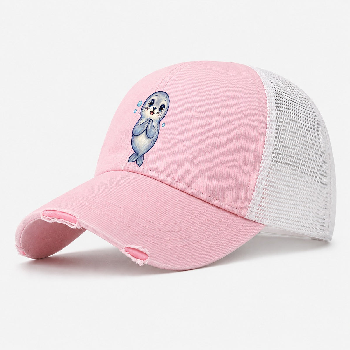 Seal Front Clap Sea Sprite Washed Trucker Hat – Light Pink