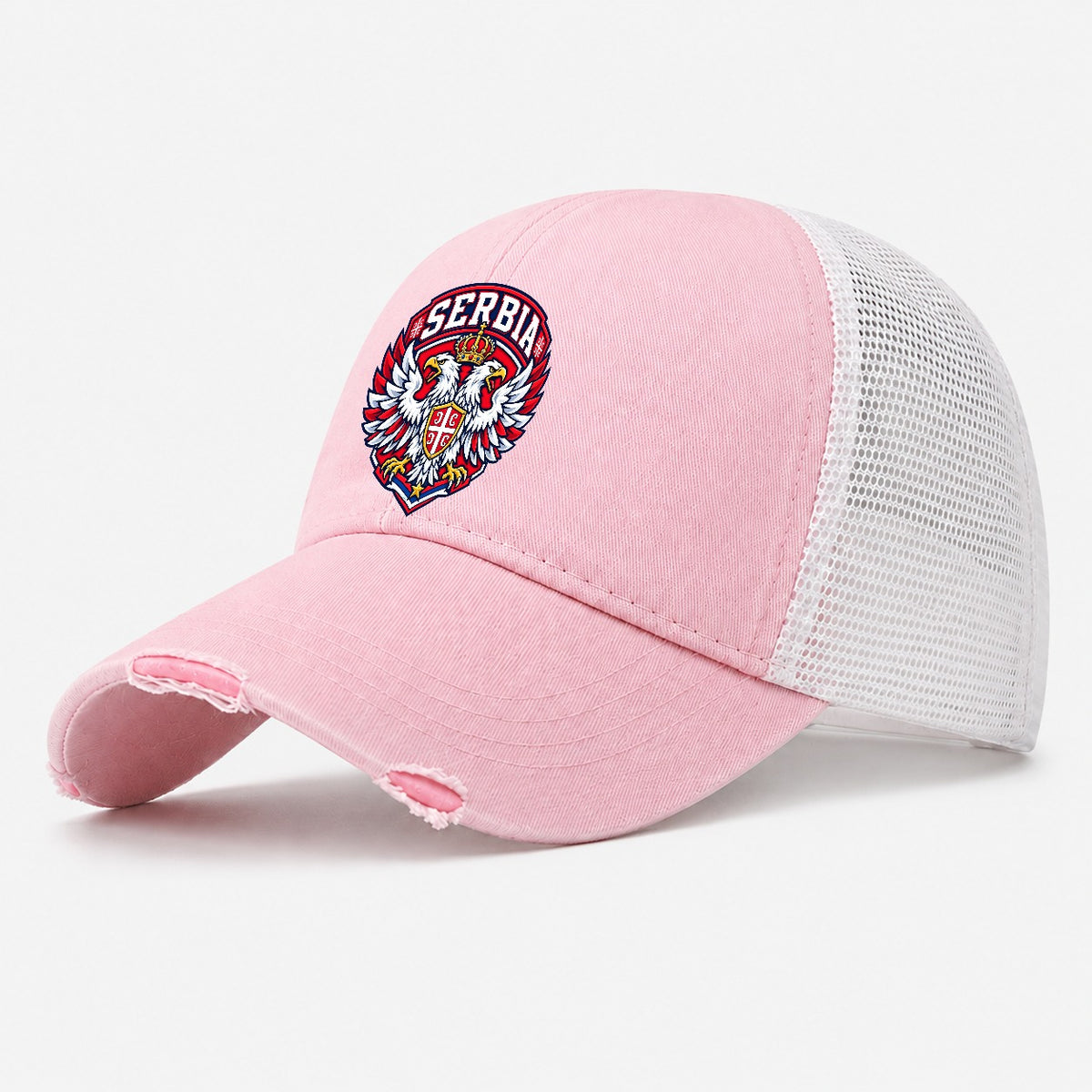 Serbia Retro Badge Country Logos Washed Trucker Hat – Light Pink