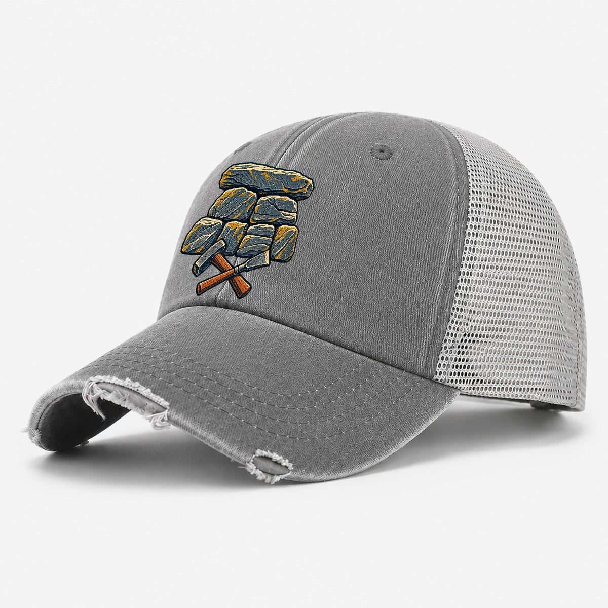 Seven Stone Wall Mason Hammer And Chisel Uk Culture Heritage Washed Trucker Hat – Grey