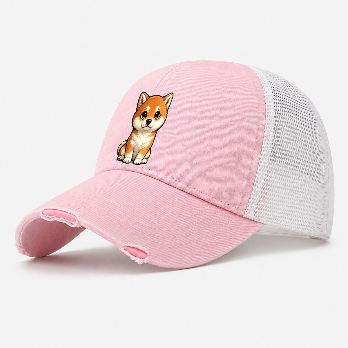 Shiba Inu Sitting Sweetheart Washed Trucker Hat – Light Pink