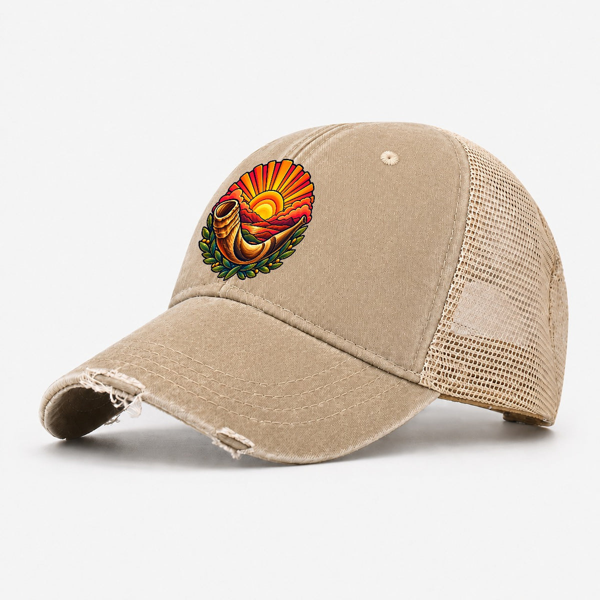 Shofar Sunrise Judaism Heritage Washed Trucker Hat – Khaki
