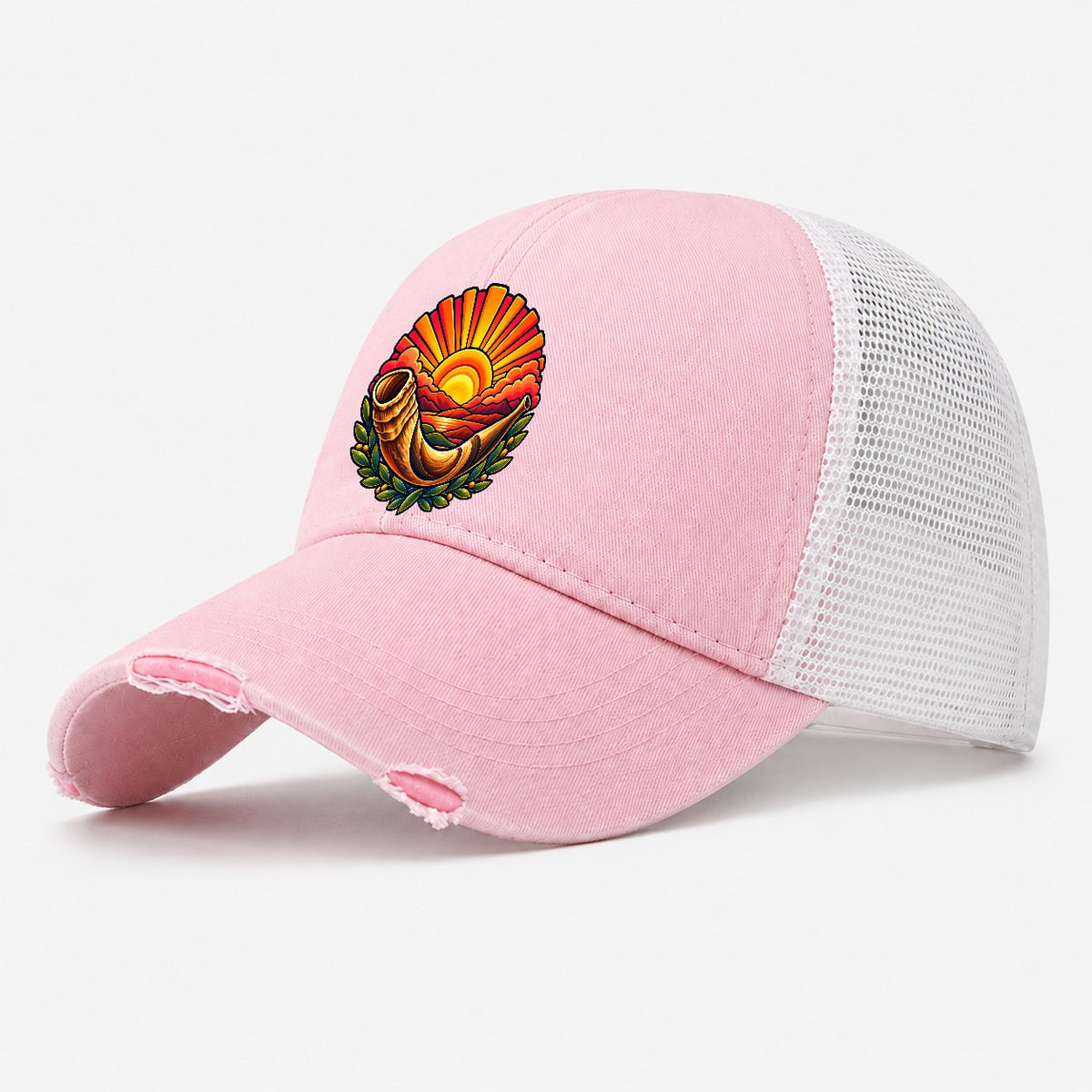 Shofar Sunrise Judaism Heritage Washed Trucker Hat – Light Pink