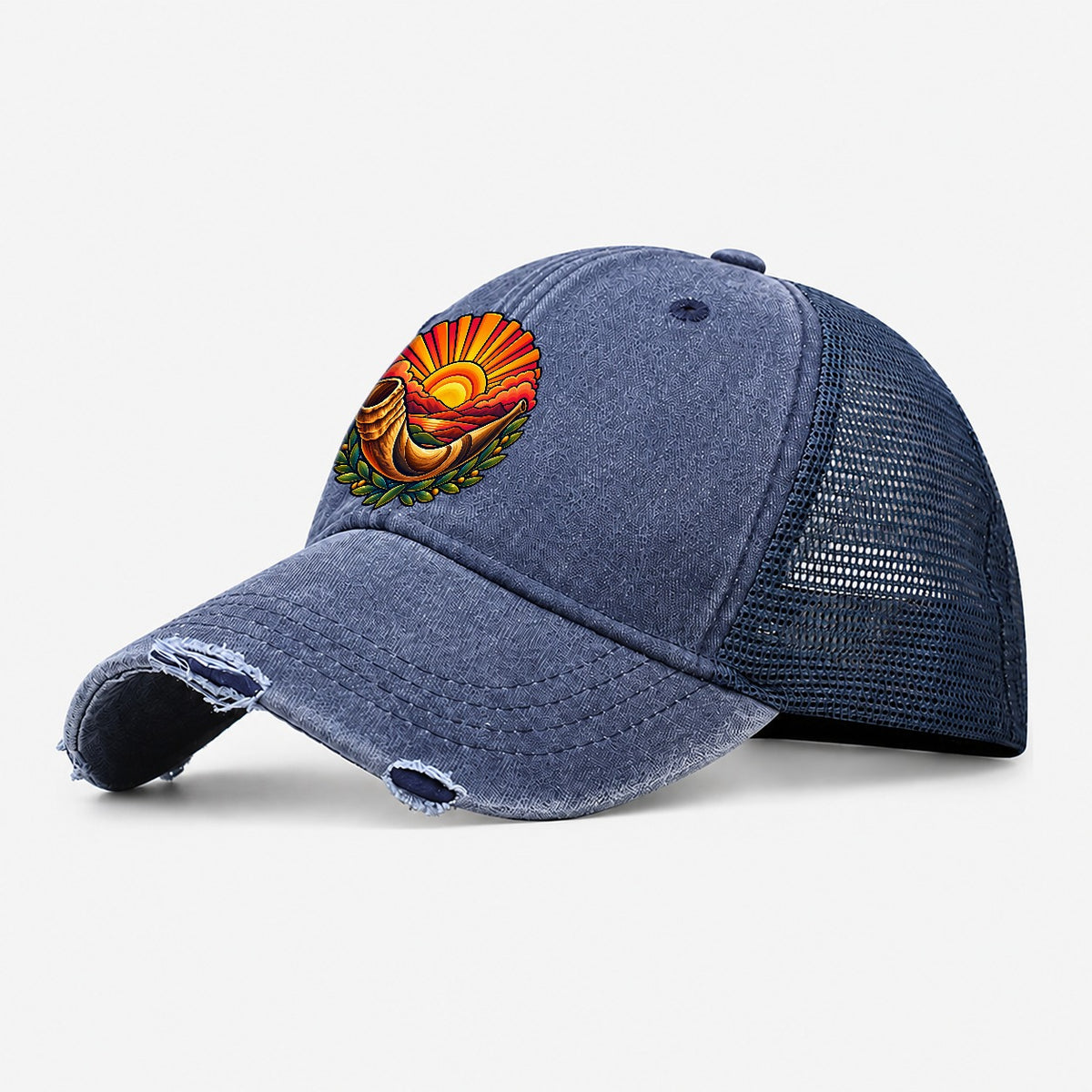 Shofar Sunrise Judaism Heritage Washed Trucker Hat – Navy