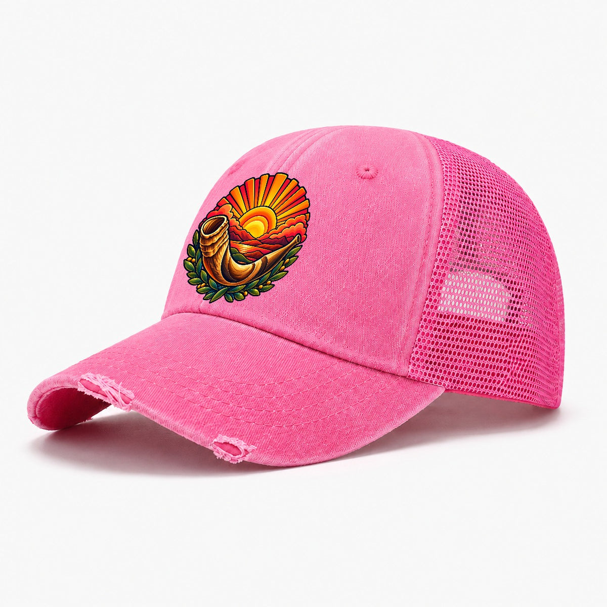 Shofar Sunrise Judaism Heritage Washed Trucker Hat – Rose